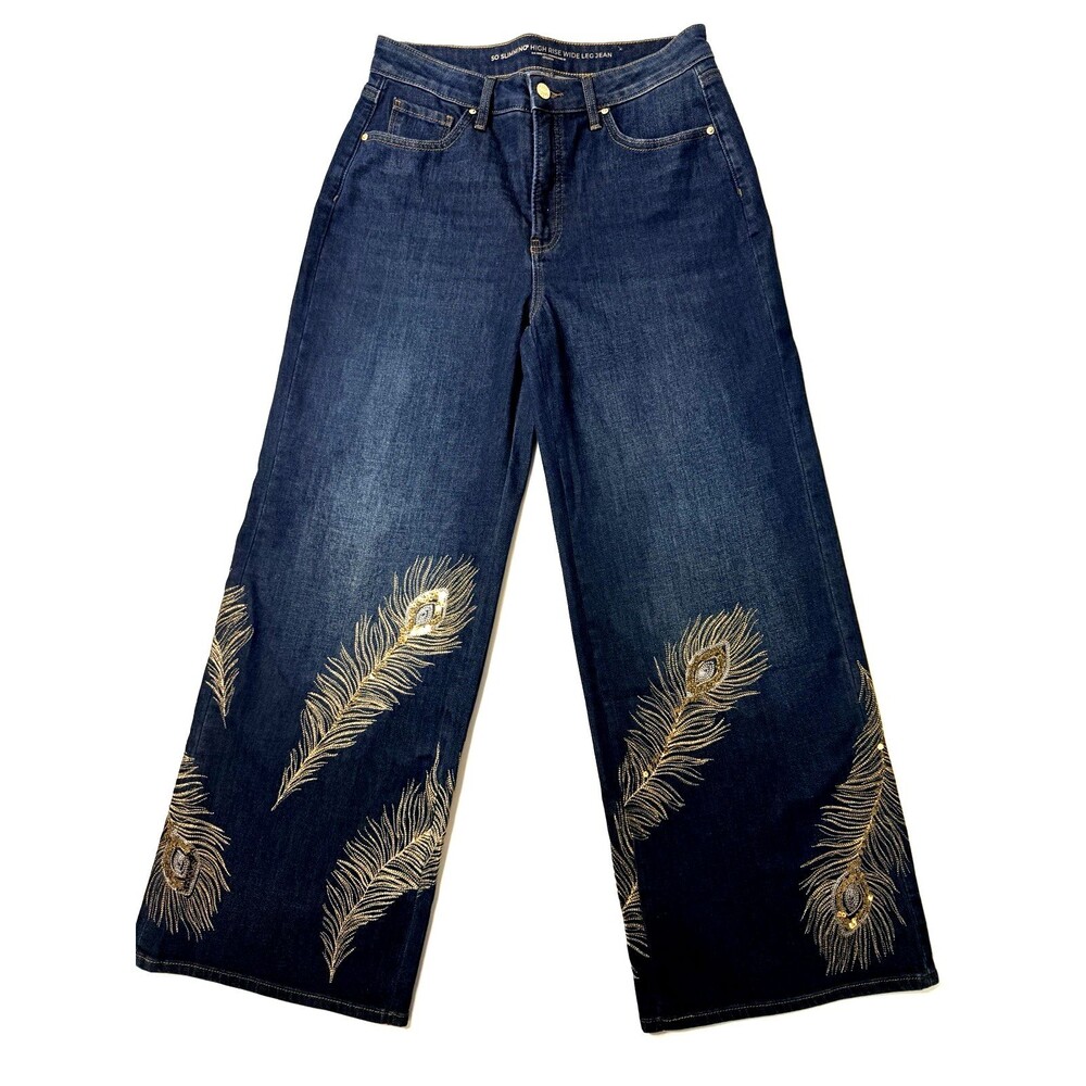 Chico’s So Slimming High Rise Wide Leg Jeans Womens 1P Dark Wash Peacock Embelli